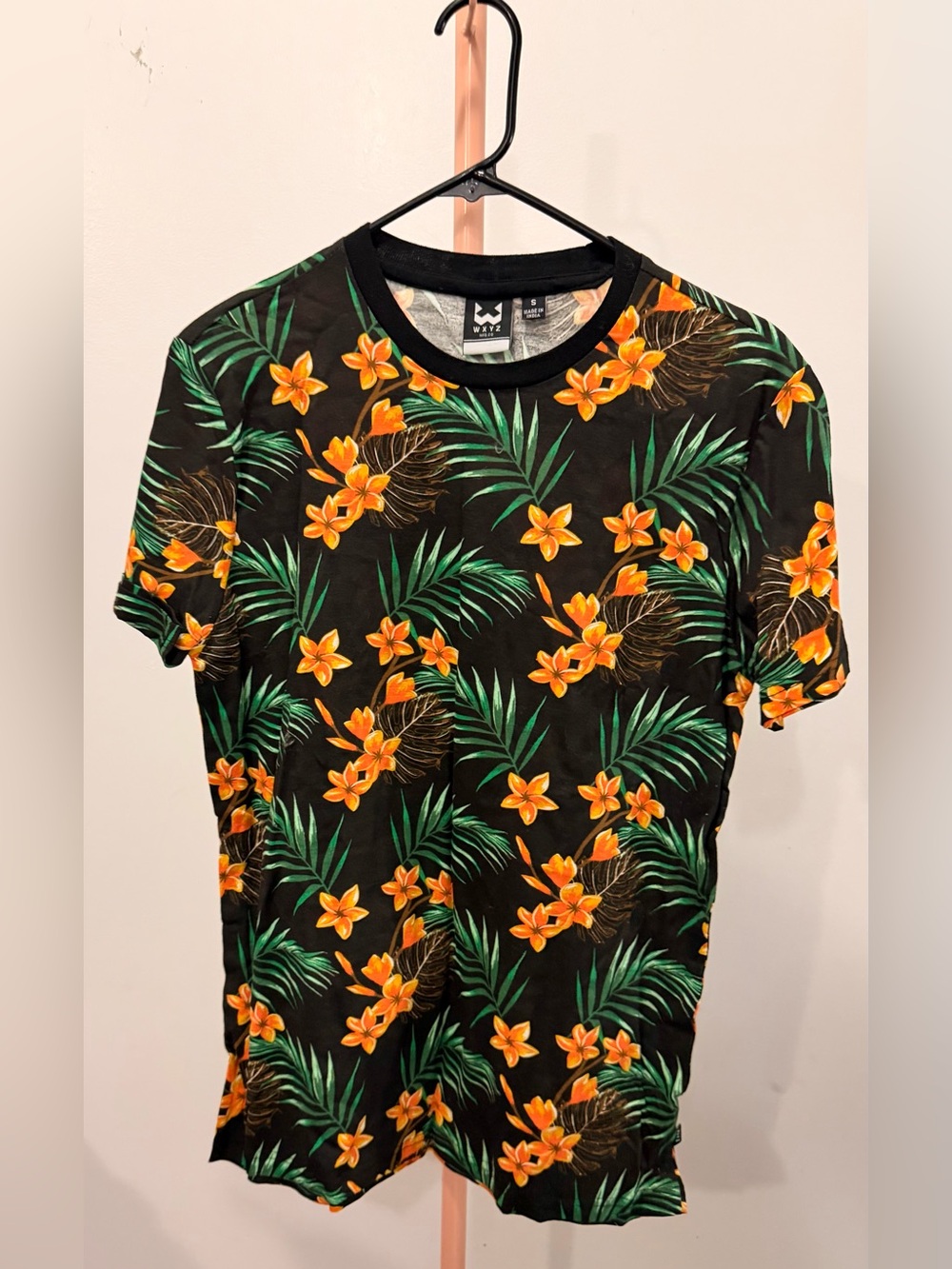 Tropical Floral Short-Sleeve Tee — Black with Orange Flowers